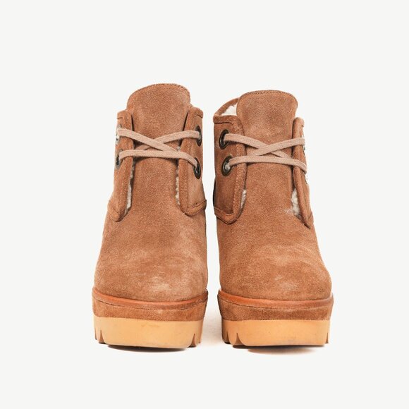 See by Chloe Ethel Brown Shearling-Lined Suede Wedge Desert Booties - Picture 2 of 10